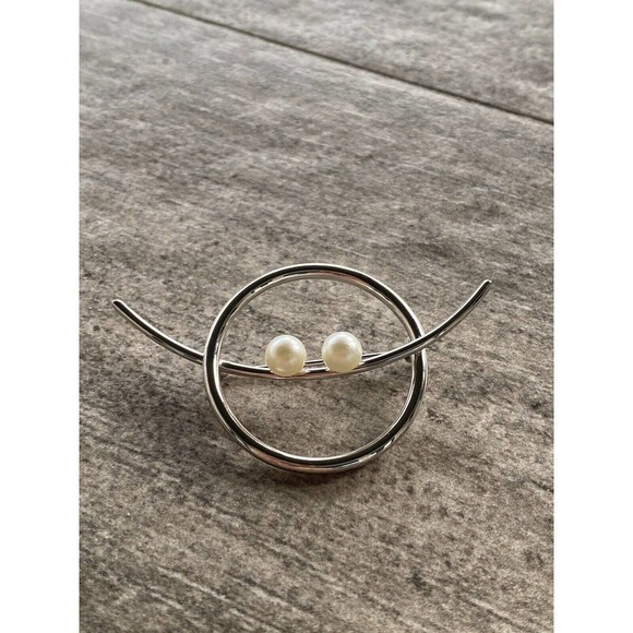 Beau Sterling Pin Faux Pearls Art Deco Geometric Circle Vintage Signed 4.32g - Picture 2 of 6